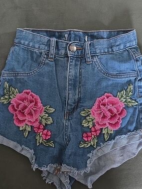 High-Rise Blue Denim Shorts with Pink Floral Embroidery
